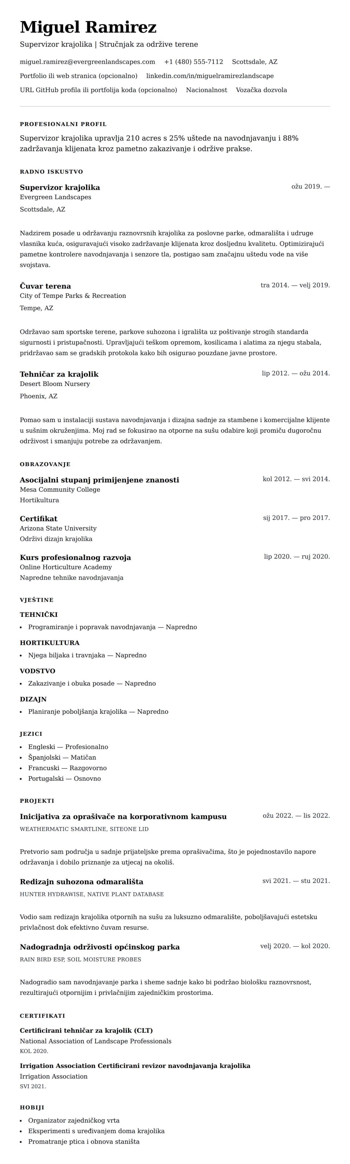 Pregled životopisa za Primjer životopisa za krajobrazno uređivanje