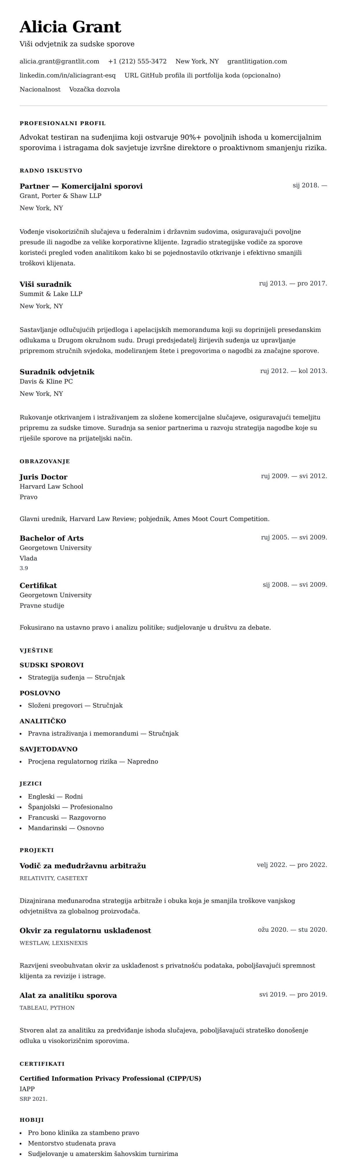 Pregled životopisa za Primjer životopisa advokata