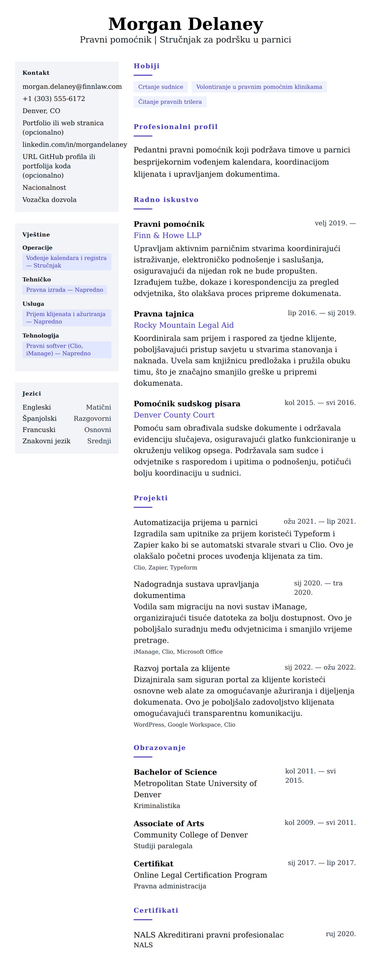 Pregled životopisa za Primjer životopisa pravnog pomoćnika