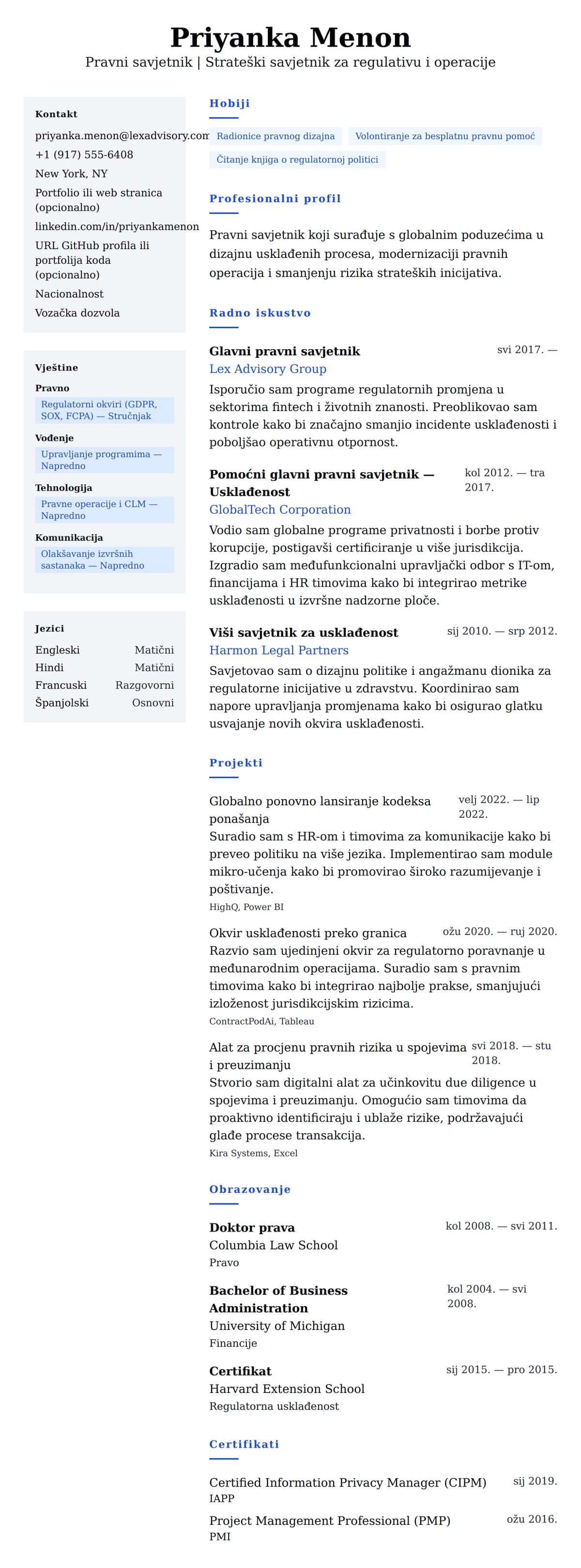 Pregled životopisa za Primjer životopisa za pravnog savjetnika