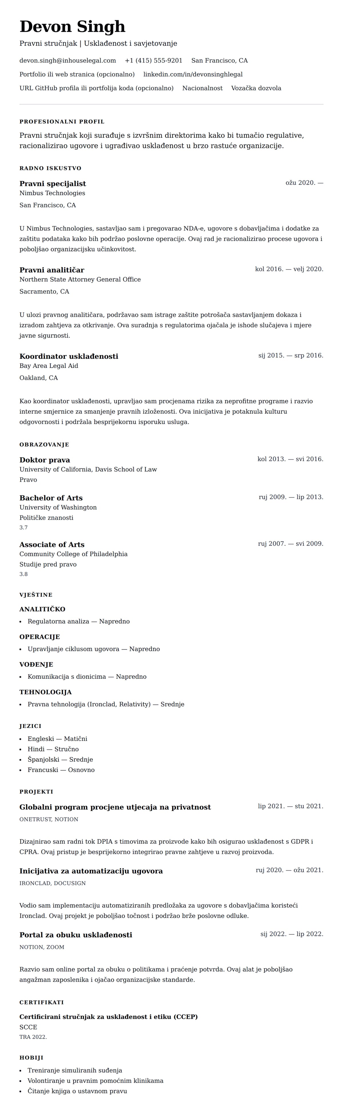 Pregled životopisa za Primjer životopisa za pravnog stručnjaka