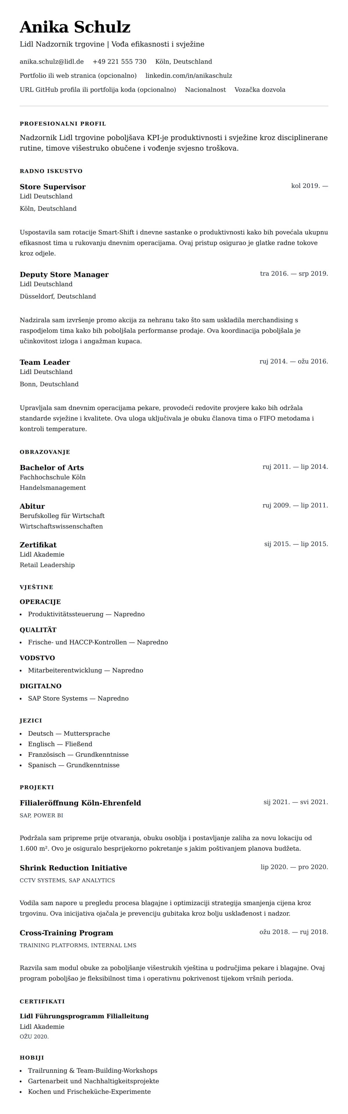 Pregled životopisa za Primjer životopisa Lidl Nadzornik trgovine