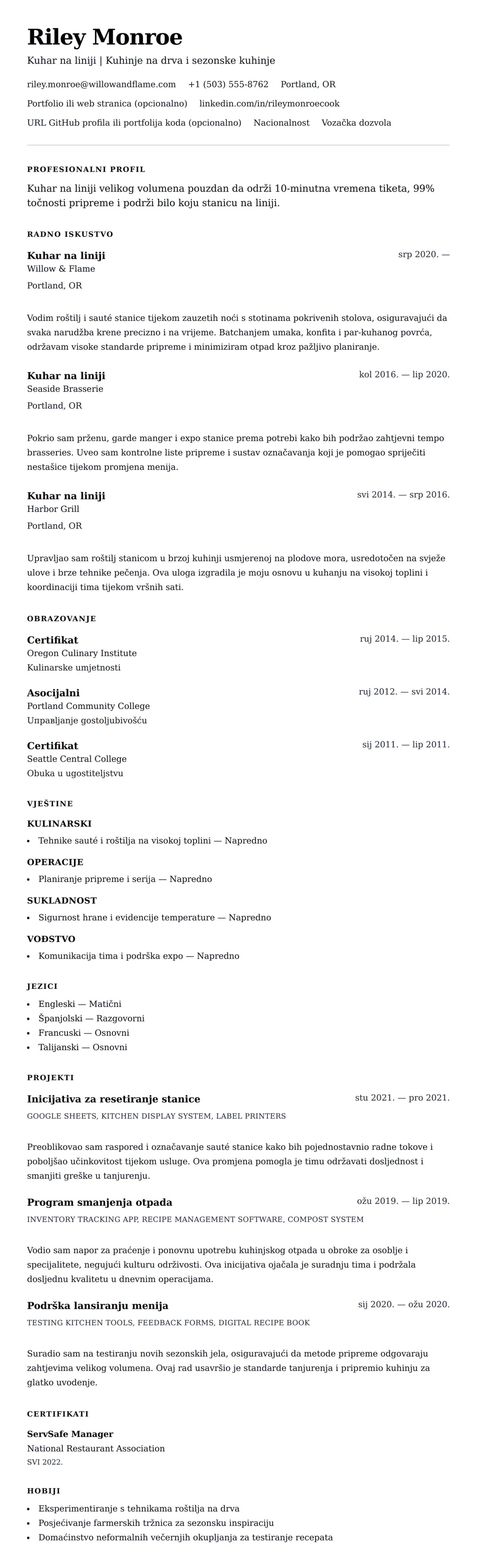 Pregled životopisa za Primjer životopisa kuhara na liniji