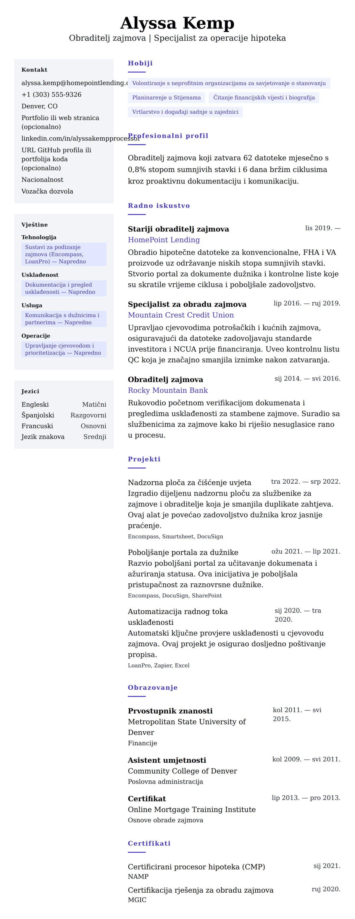 Pregled životopisa za Primjer rezimea za obraditelja zajmova