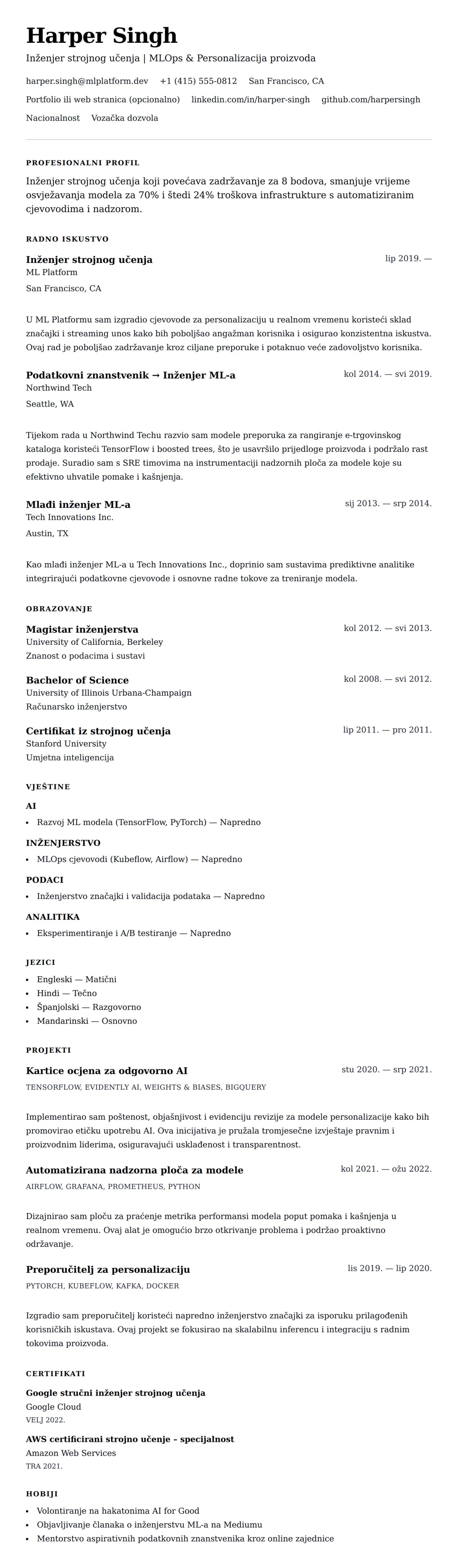 Pregled životopisa za Primjer životopisa inženjera strojnog učenja