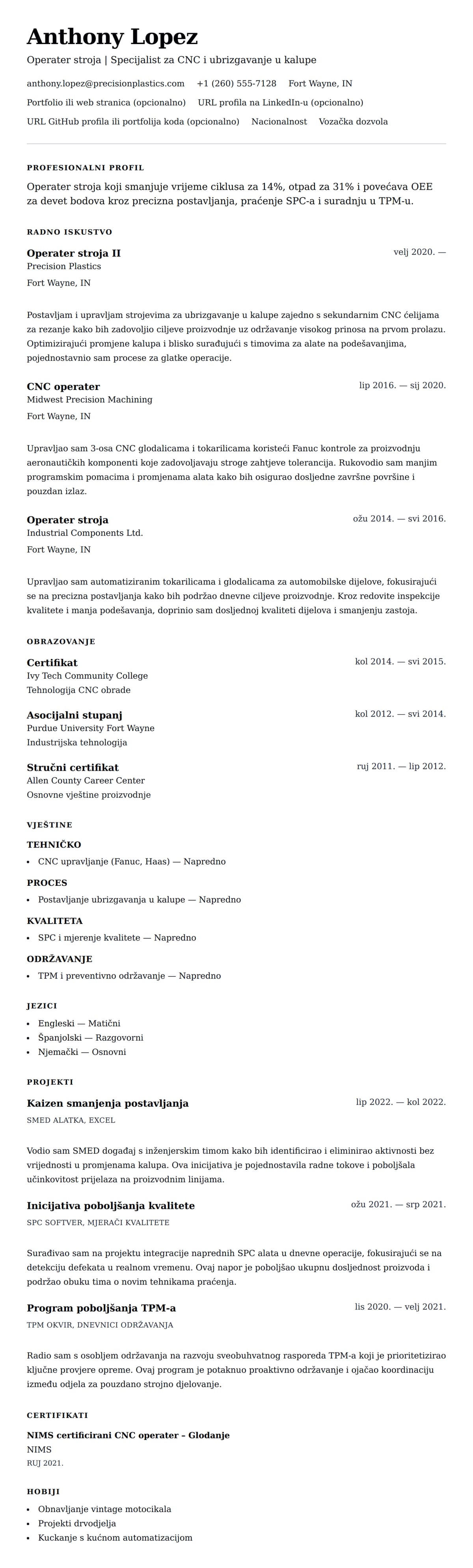 Pregled životopisa za Primjer životopisa operatera stroja