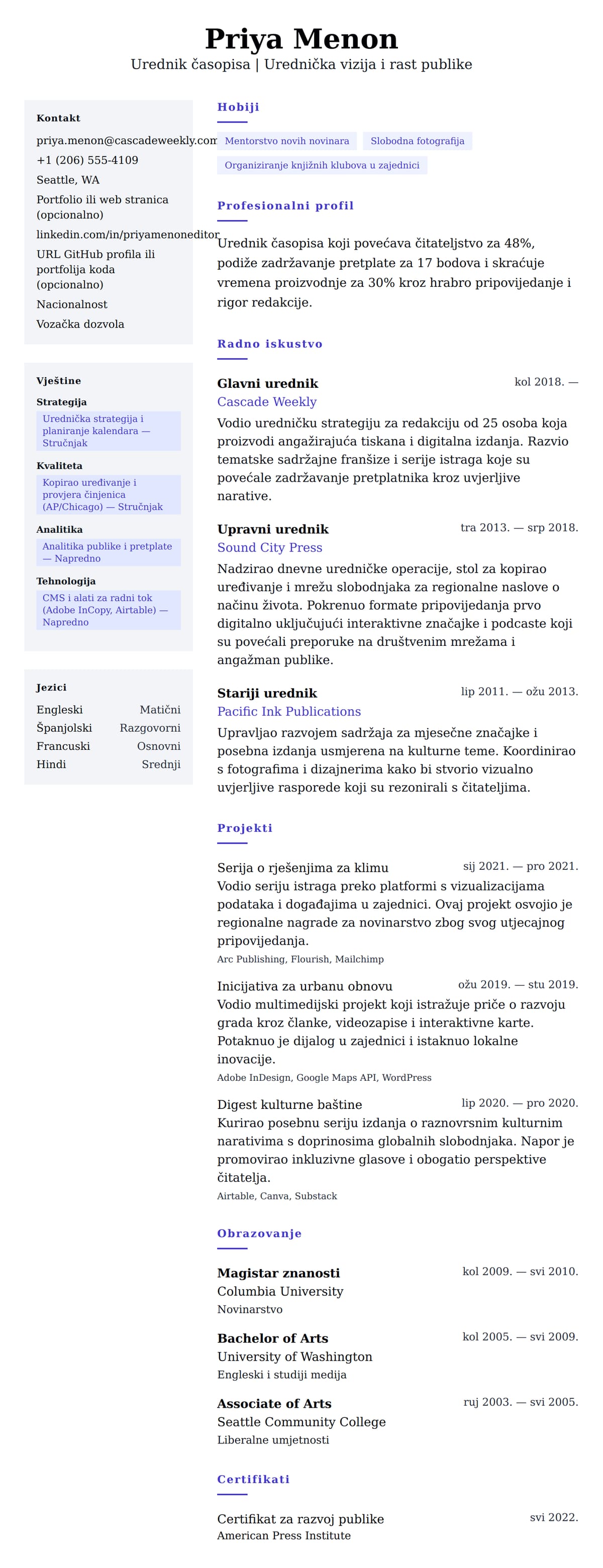 Pregled životopisa za Primjer životopisa urednika časopisa