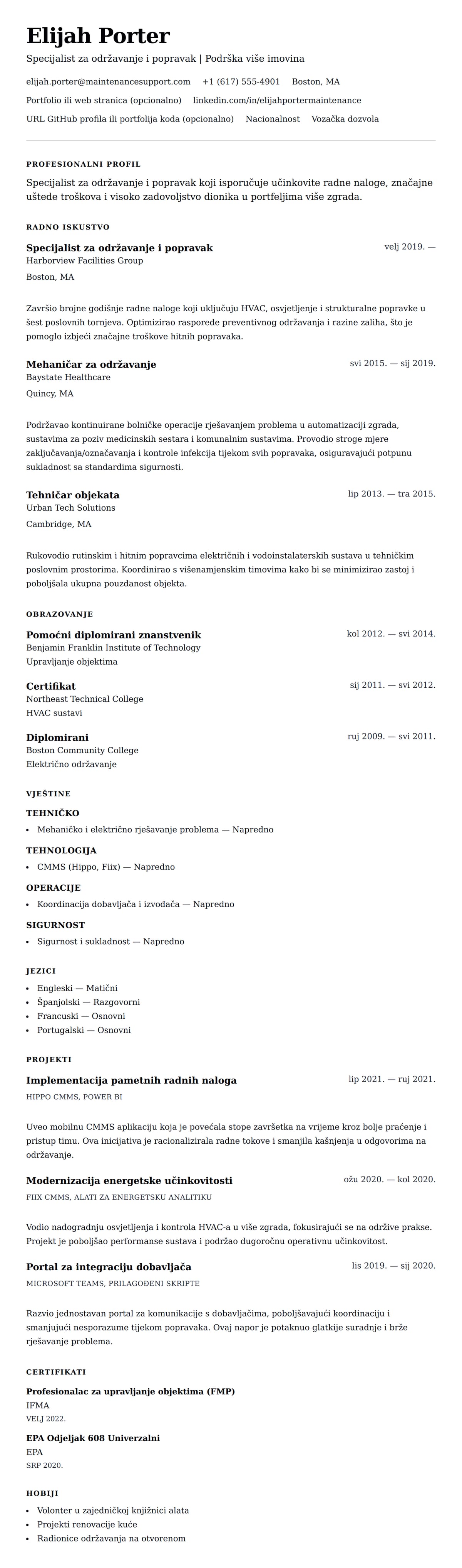 Pregled životopisa za Primjer životopisa za održavanje i popravak