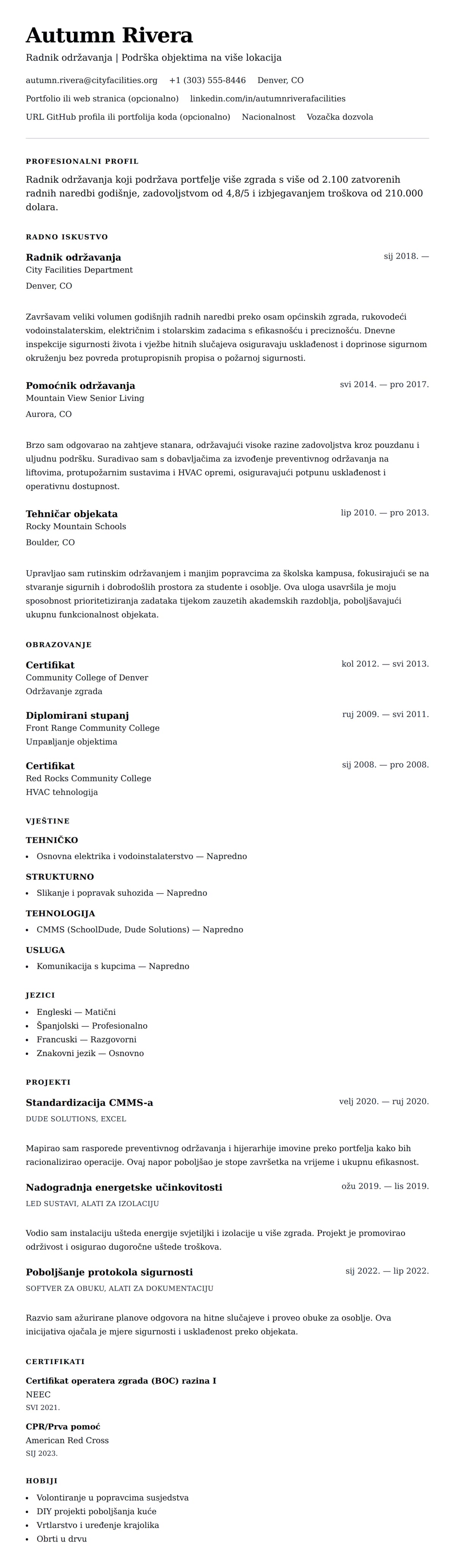 Pregled životopisa za Primjer životopisa za radnika održavanja