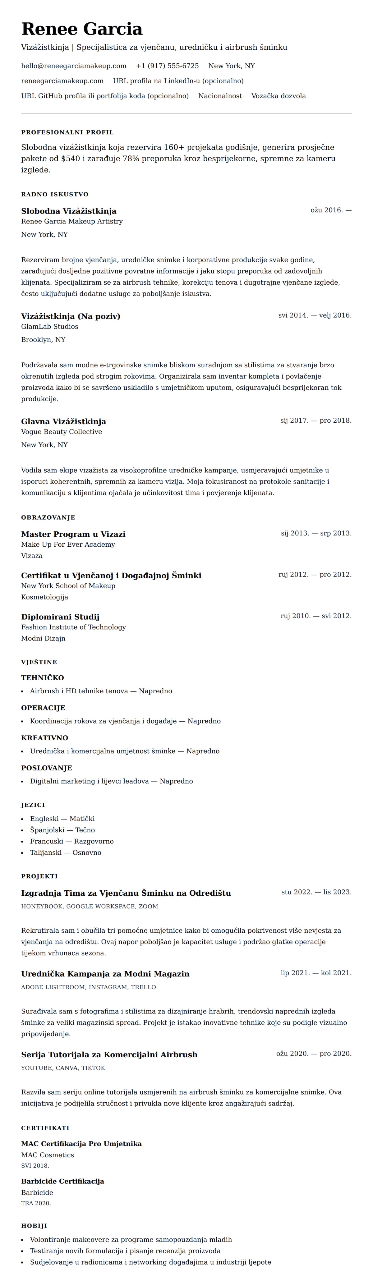 Primjer Životopisa Vizážistice