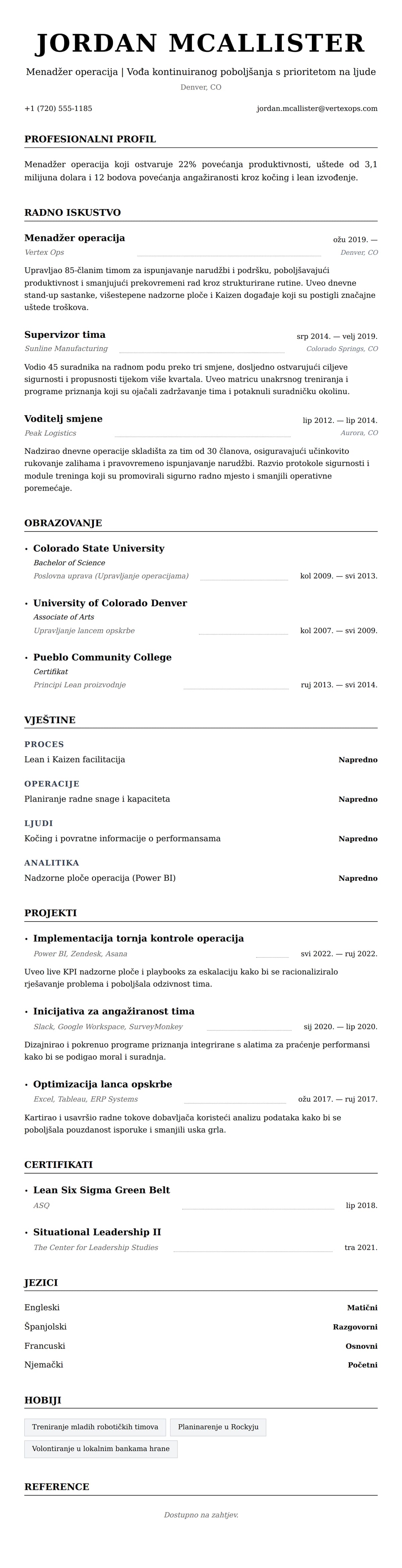 Pregled životopisa za Primjer životopisa menadžera operacija