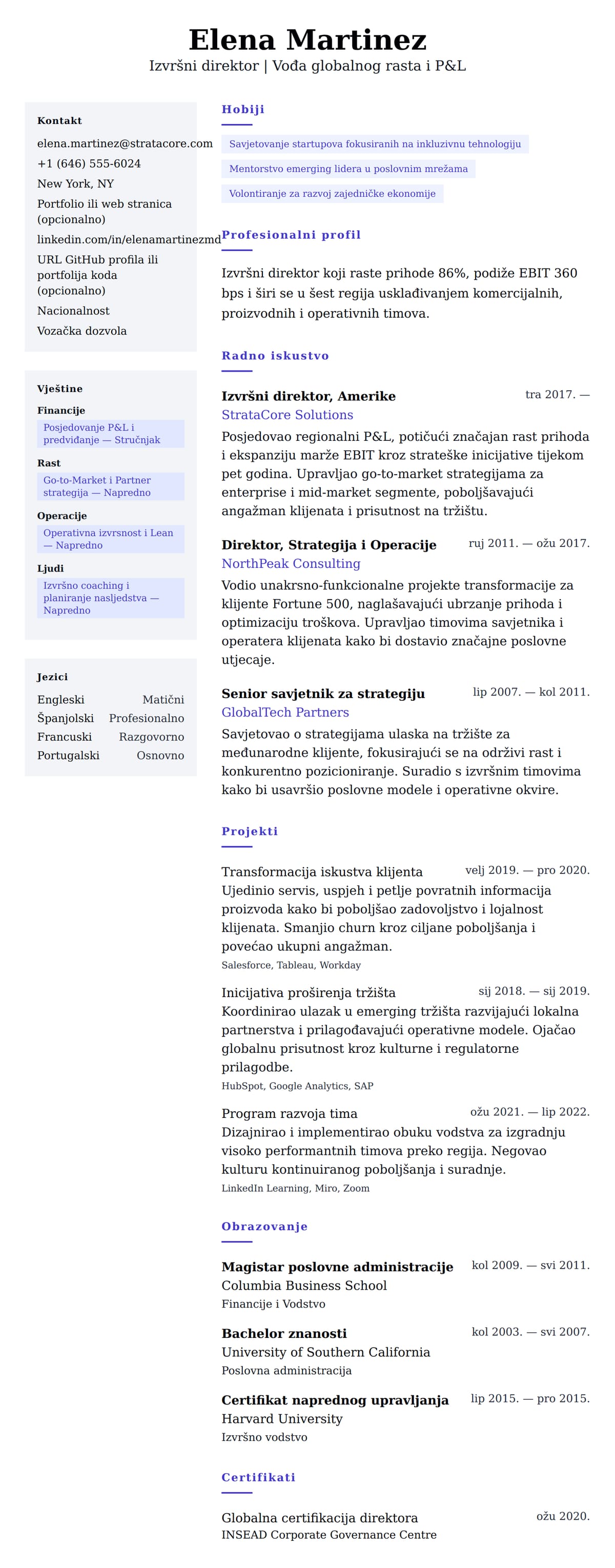 Pregled životopisa za Primjer životopisa Izvršnog direktora