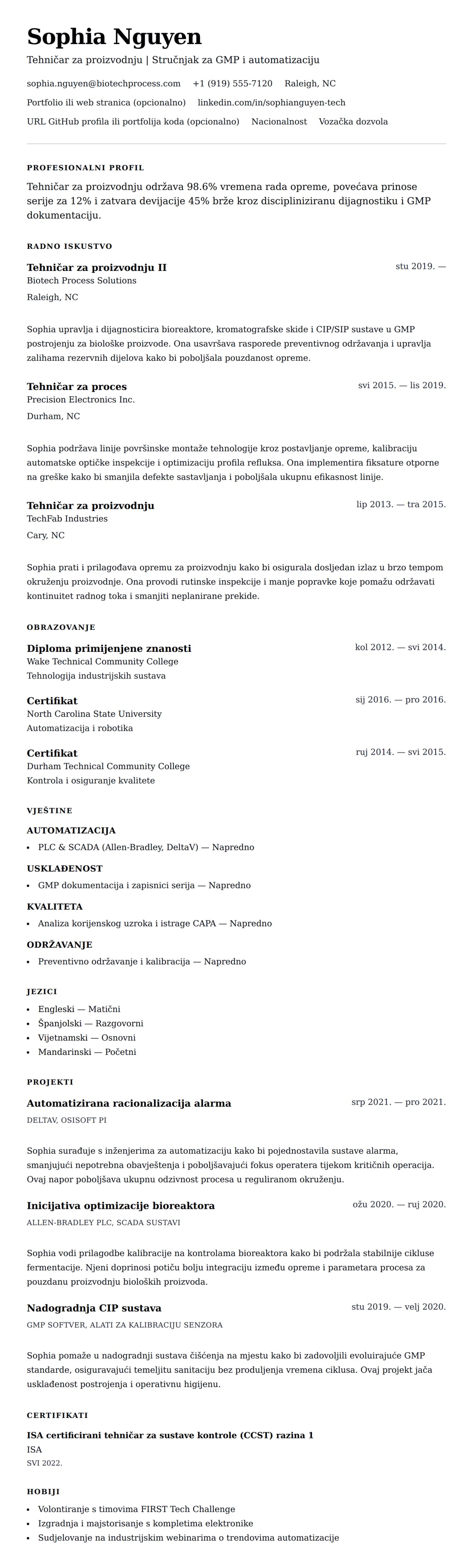 Pregled životopisa za Primjer životopisa tehničara za proizvodnju