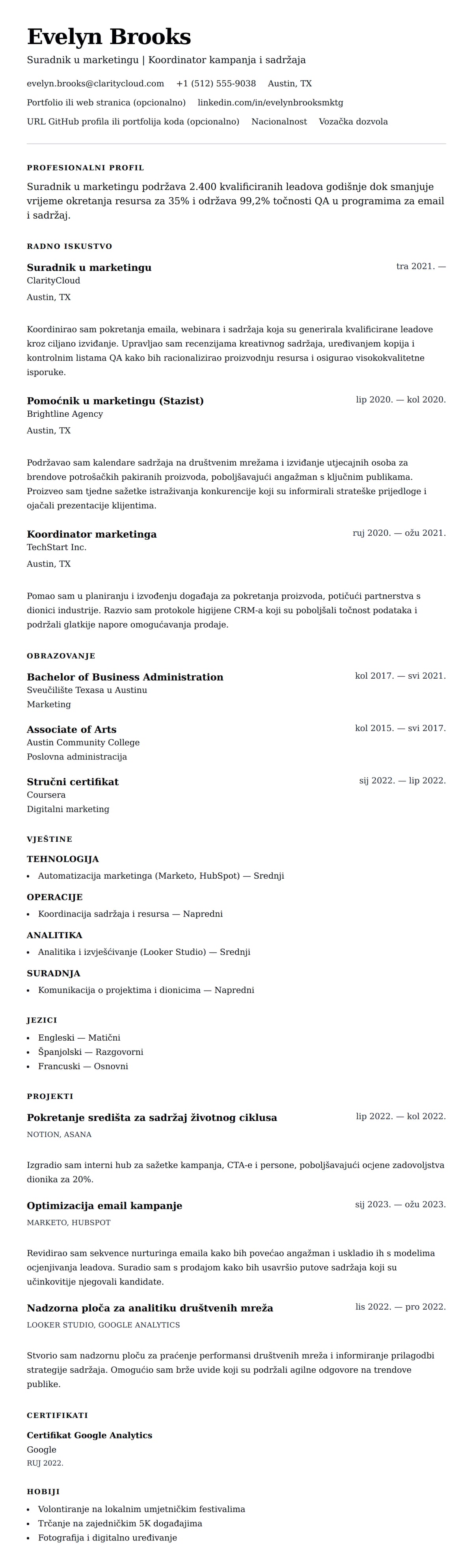 Pregled životopisa za Primjer životopisa za suradnika u marketingu