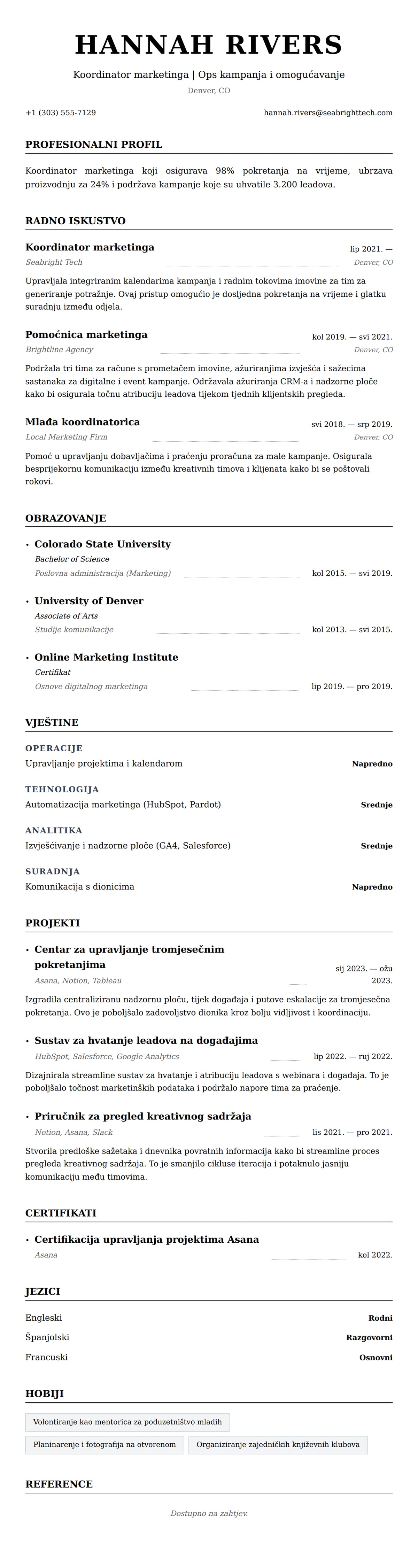 Pregled životopisa za Primjer životopisa koordinatora marketinga