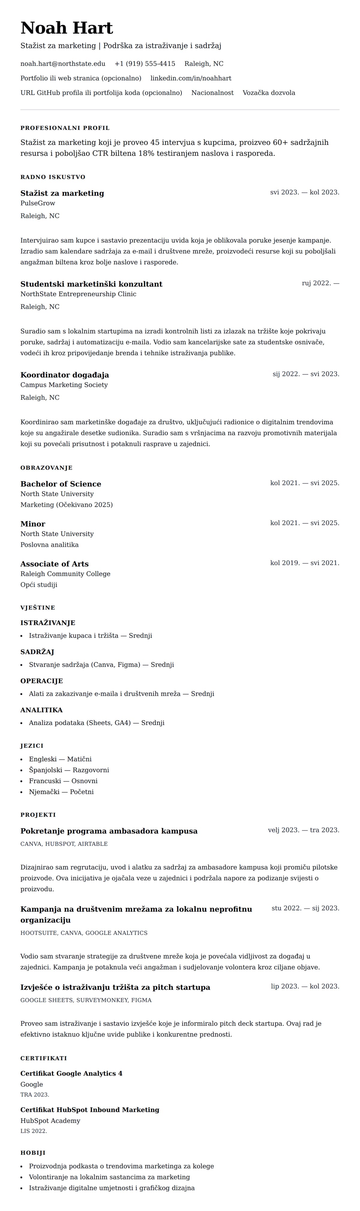 Pregled životopisa za Primjer životopisa za stažistu za marketing