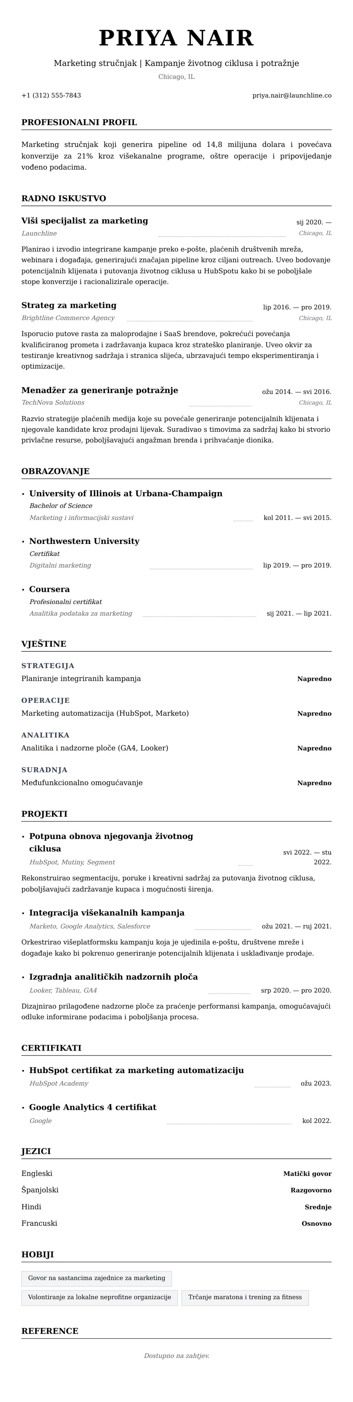 Pregled životopisa za Primjer životopisa za marketing stručnjaka