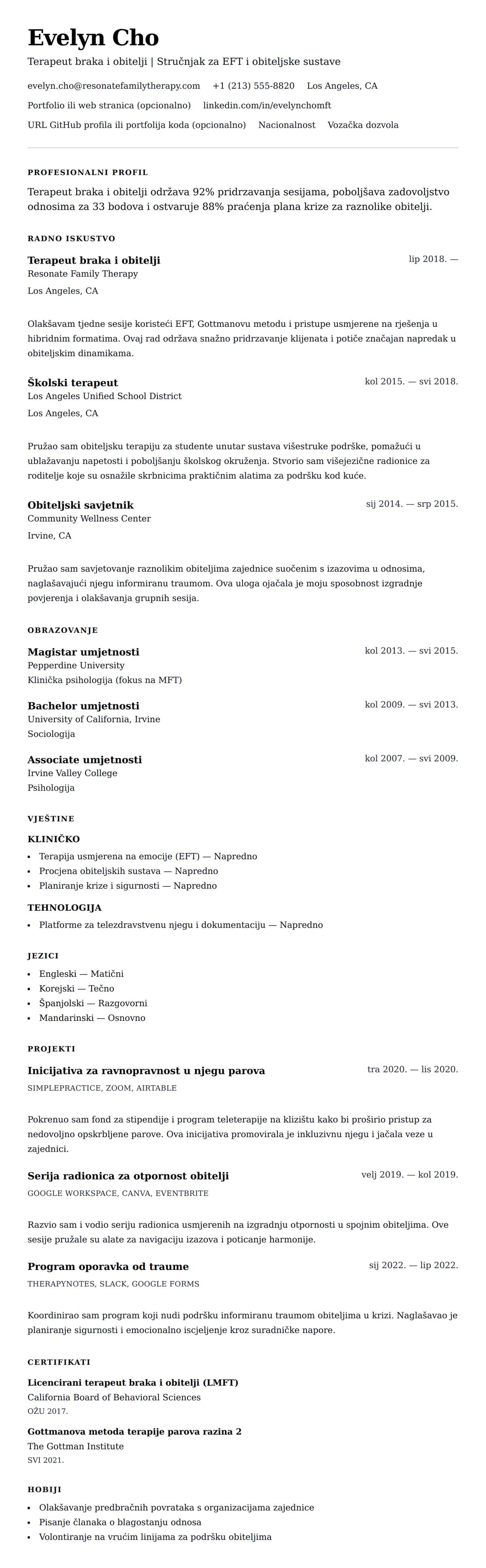 Pregled životopisa za Primjer rezimea za terapeuta braka i obitelji