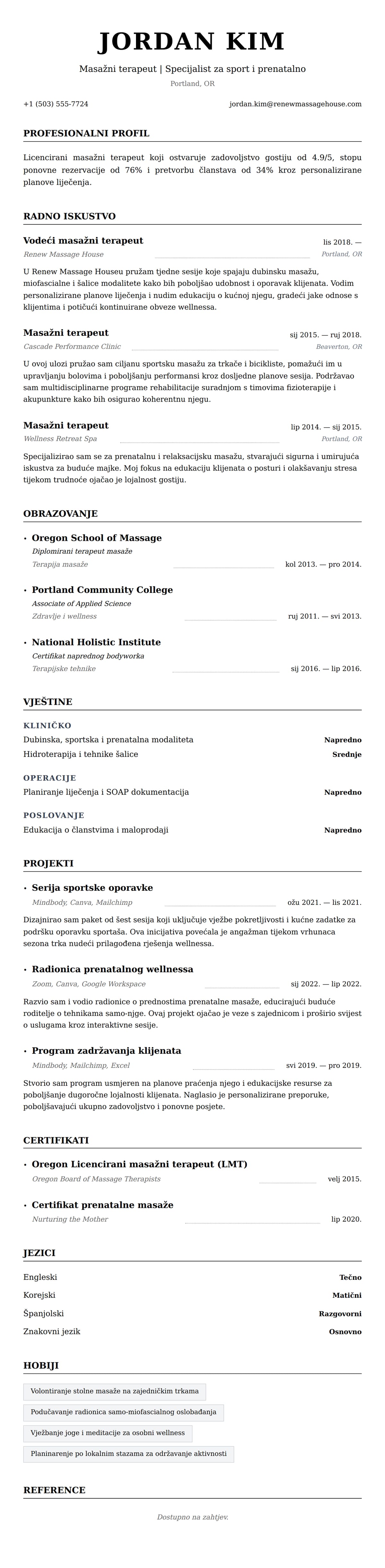 Primjer životopisa masažnog terapeuta
