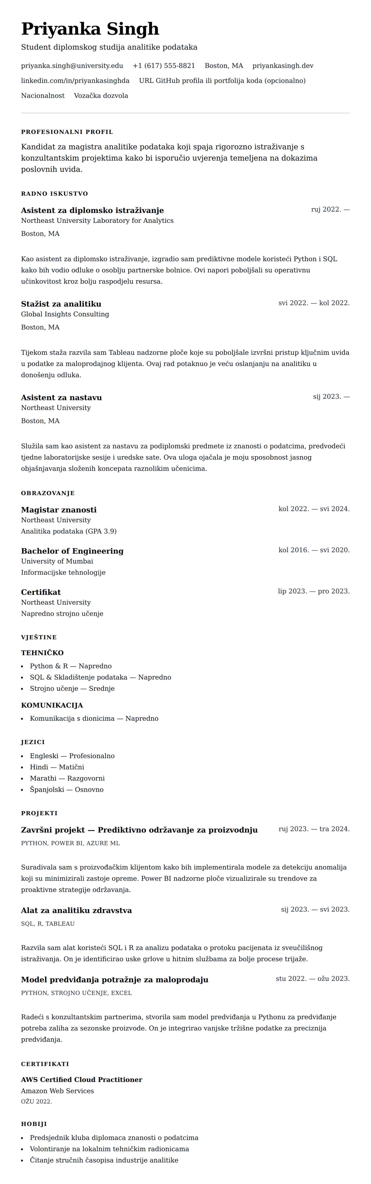 Pregled životopisa za Primjer životopisa studenta diplomskog studija