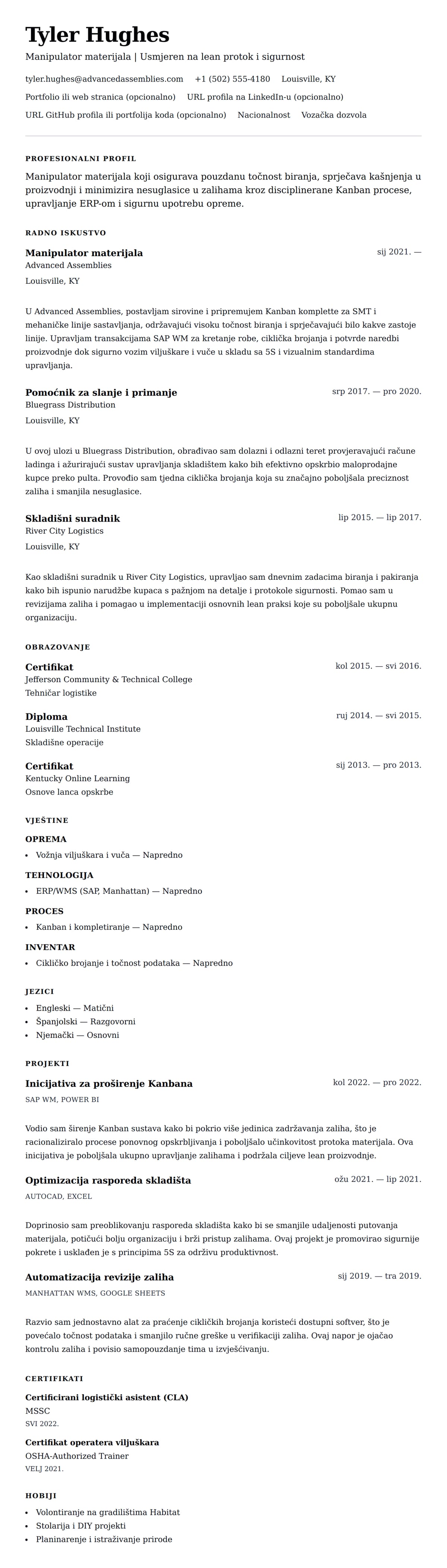 Pregled životopisa za Primjer životopisa za manipulatora materijala