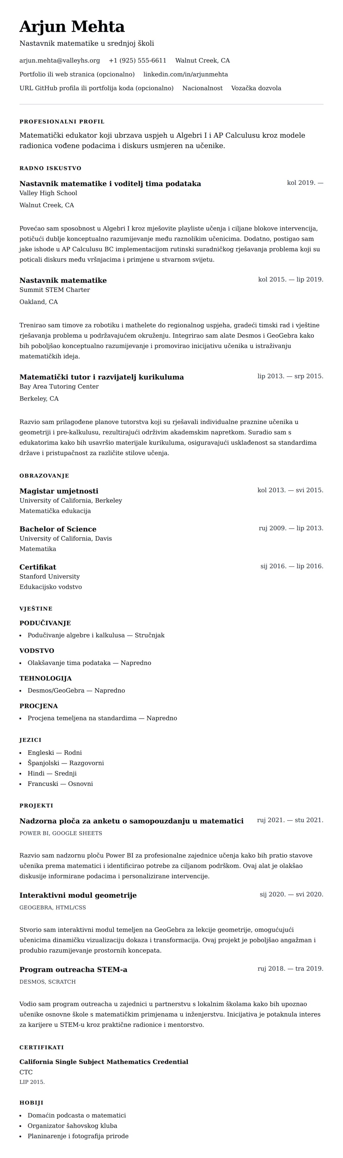 Pregled životopisa za Primjer životopisa nastavnika matematike