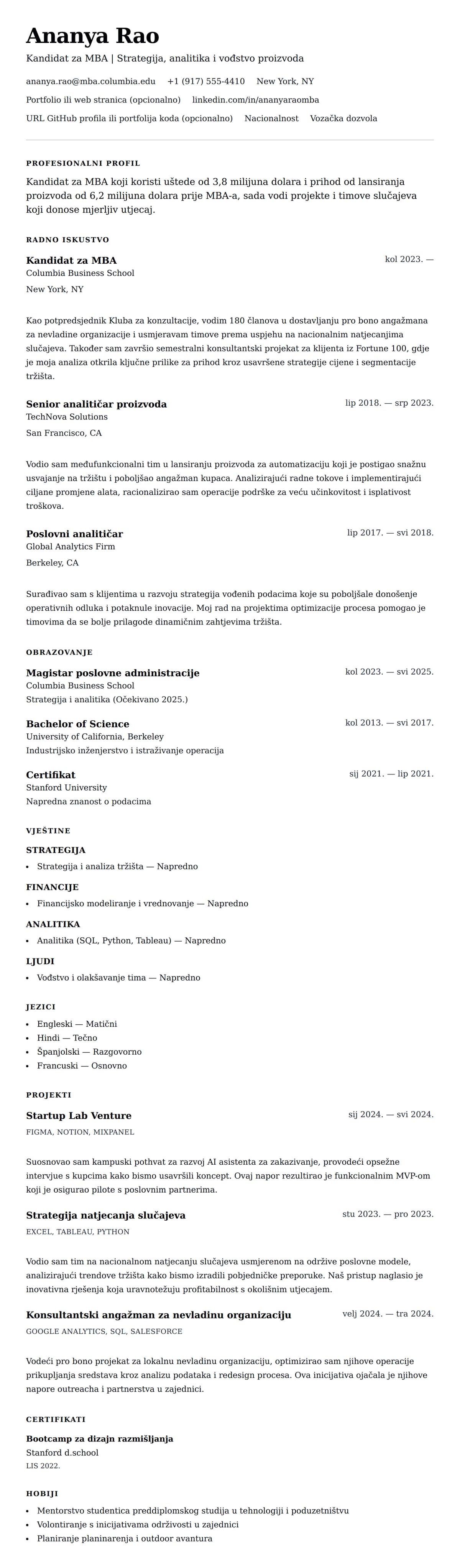 Pregled životopisa za Primjer rezumeya kandidata za MBA