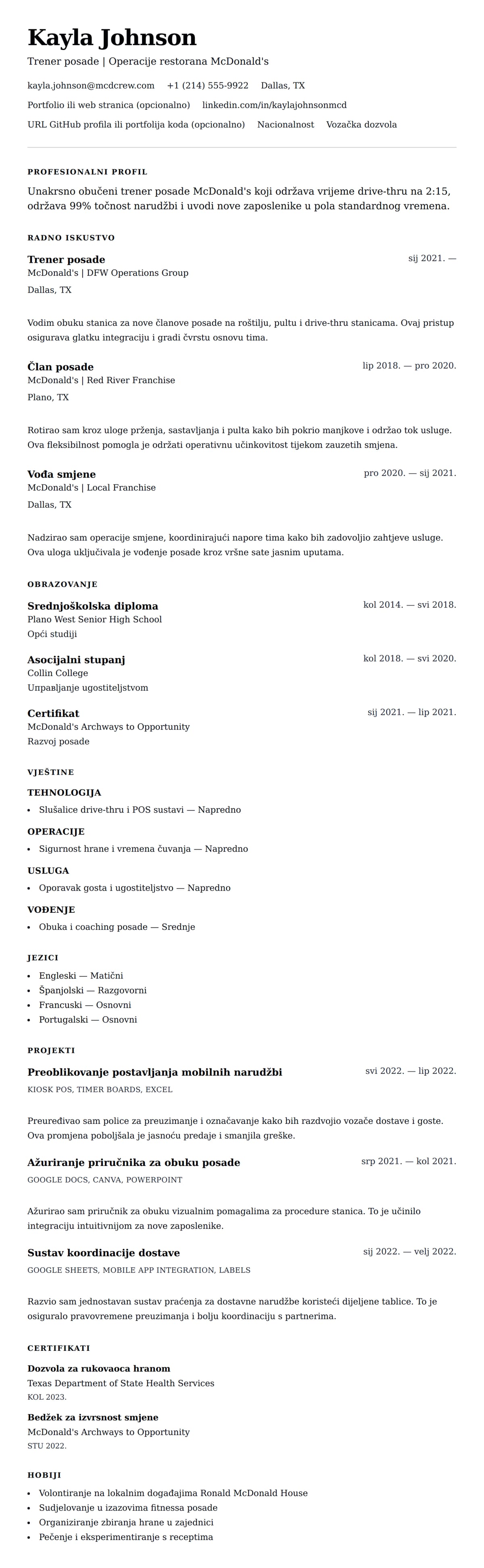 Pregled životopisa za Primjer rezimea za člana posade McDonald's