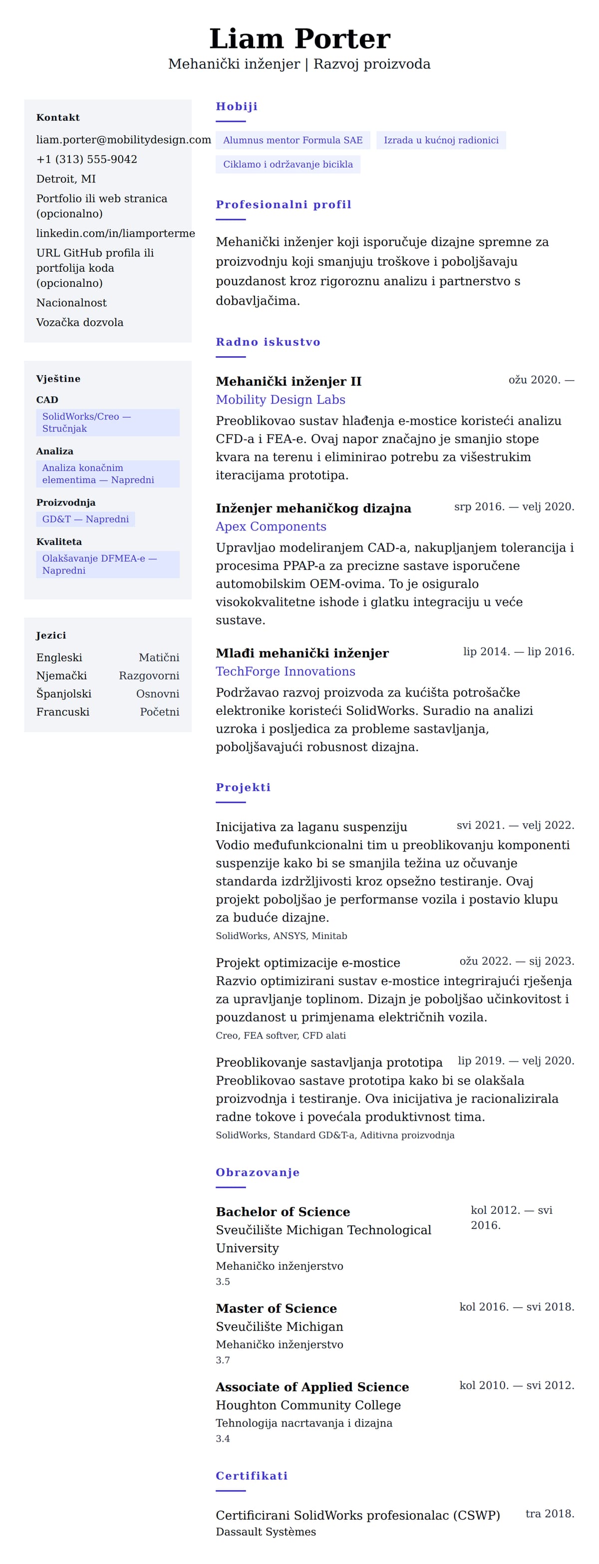 Pregled životopisa za Primjer životopisa mehaničkog inženjera