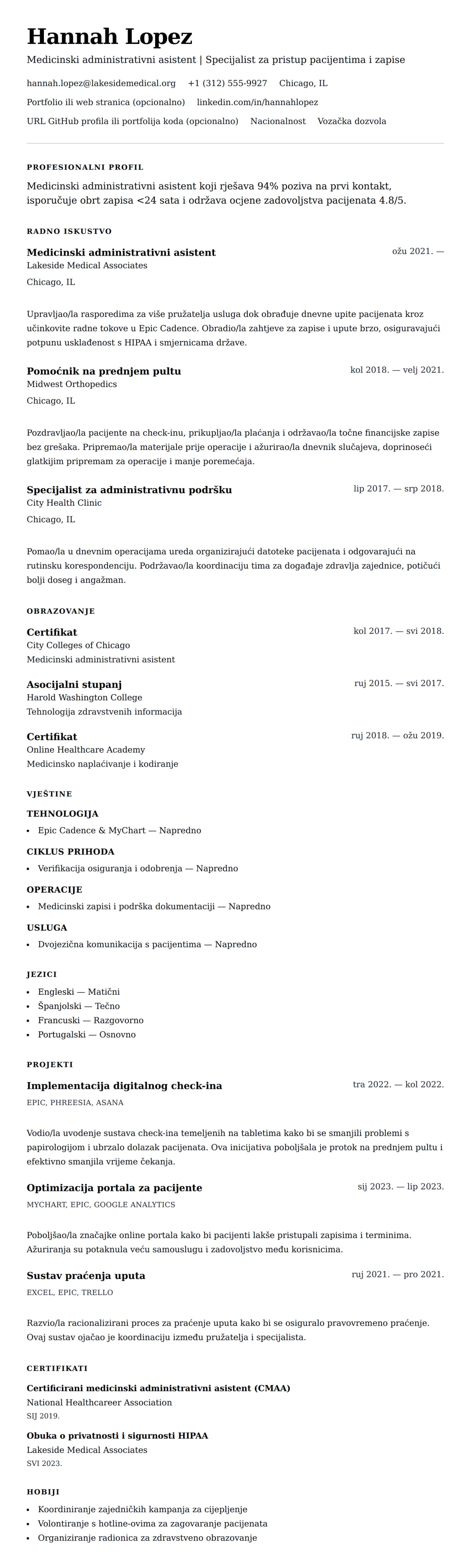 Pregled životopisa za Primjer životopisa za medicinskog administrativnog asistenta