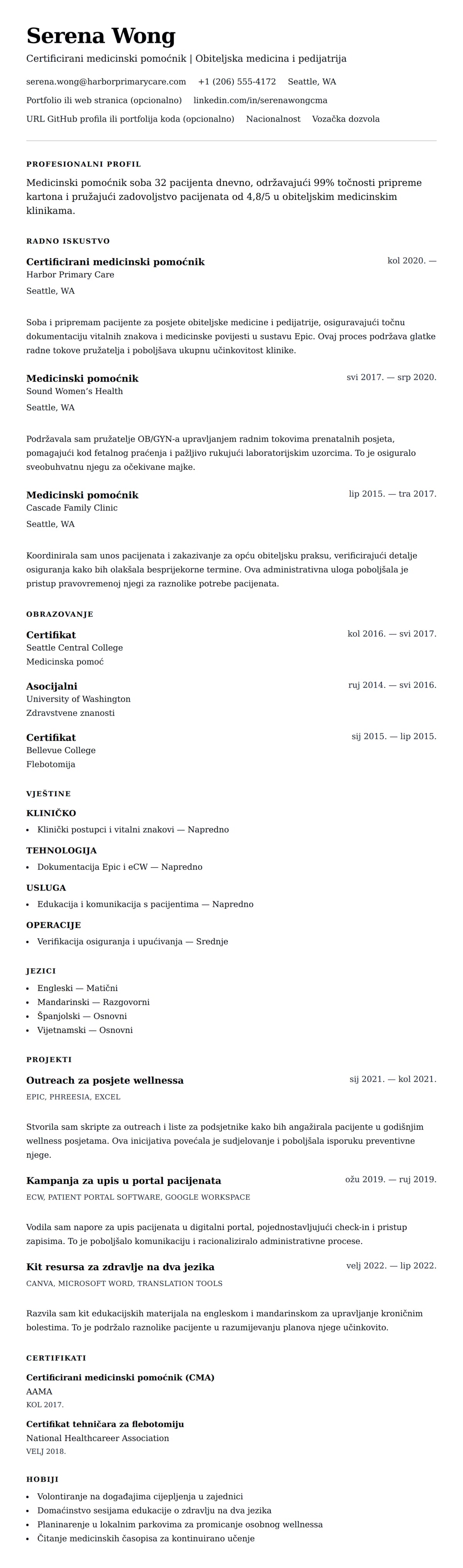 Pregled životopisa za Primjer životopisa za medicinskog pomoćnika