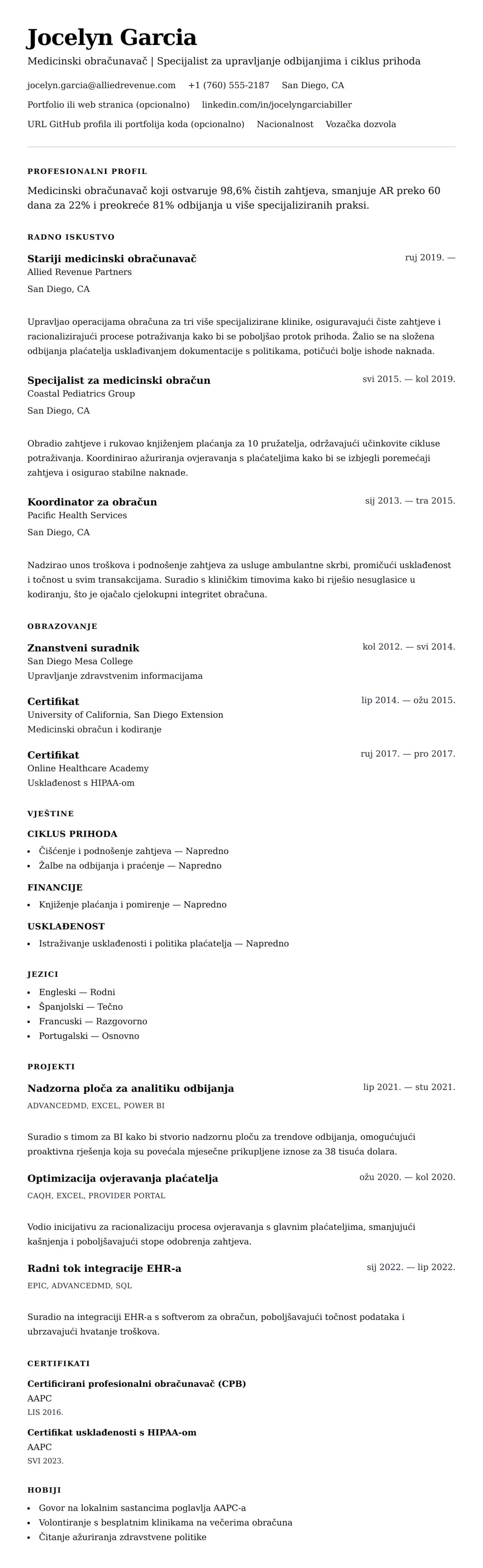 Pregled životopisa za Primjer životopisa za medicinskog obračunavača