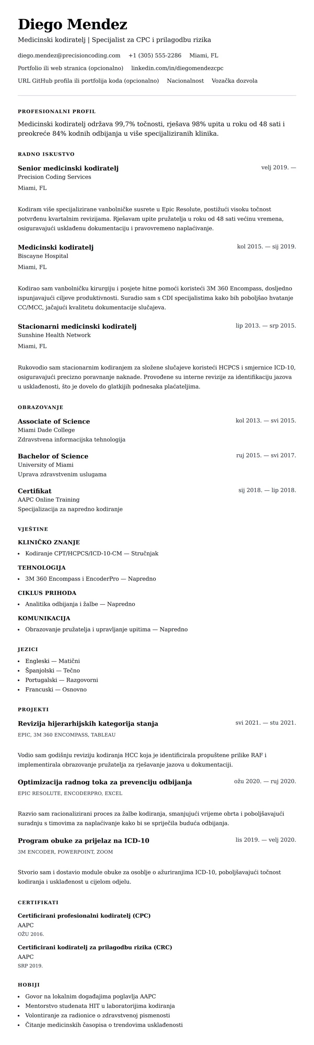 Pregled životopisa za Primjer životopisa za medicinskog kodiratela