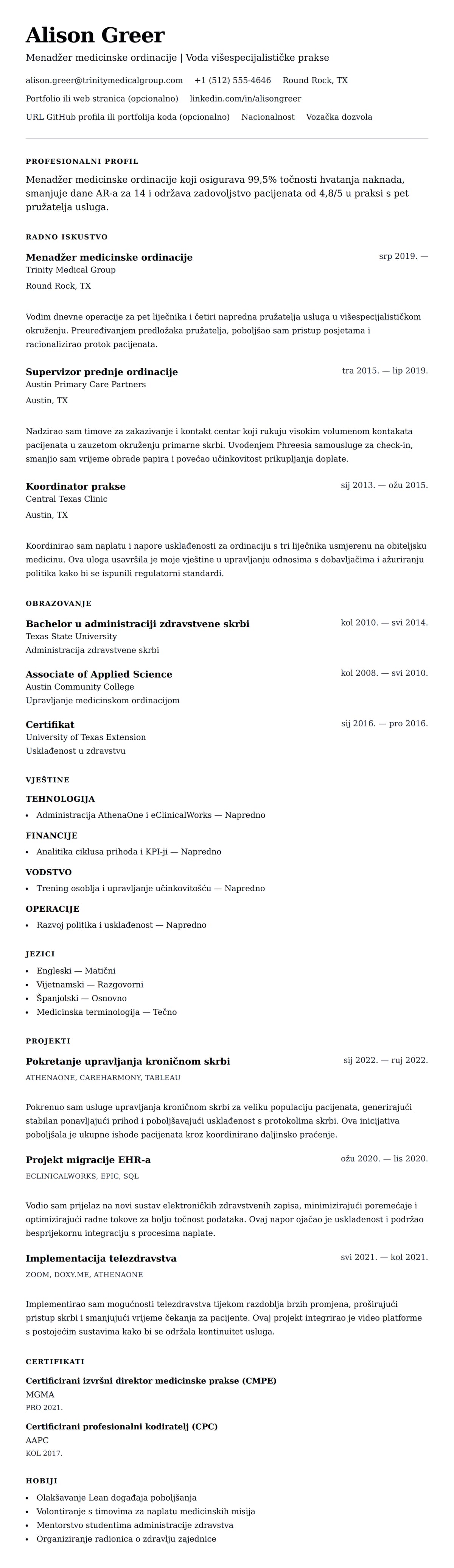 Pregled životopisa za Primjer životopisa za menadžera medicinske ordinacije