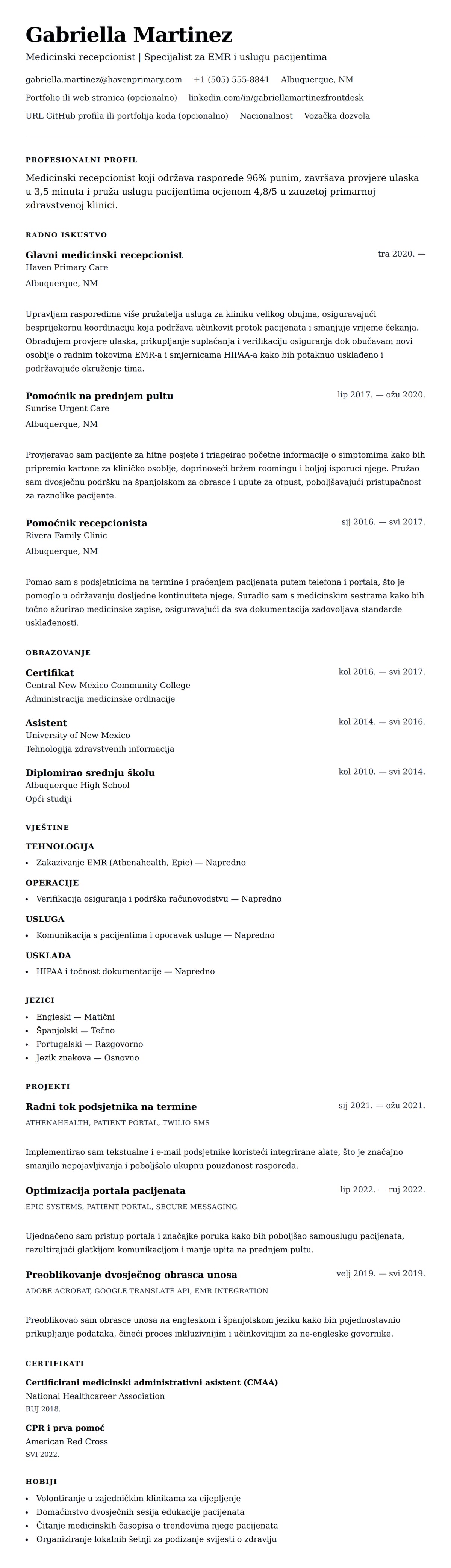 Pregled životopisa za Primjer životopisa za medicinskog recepcionista
