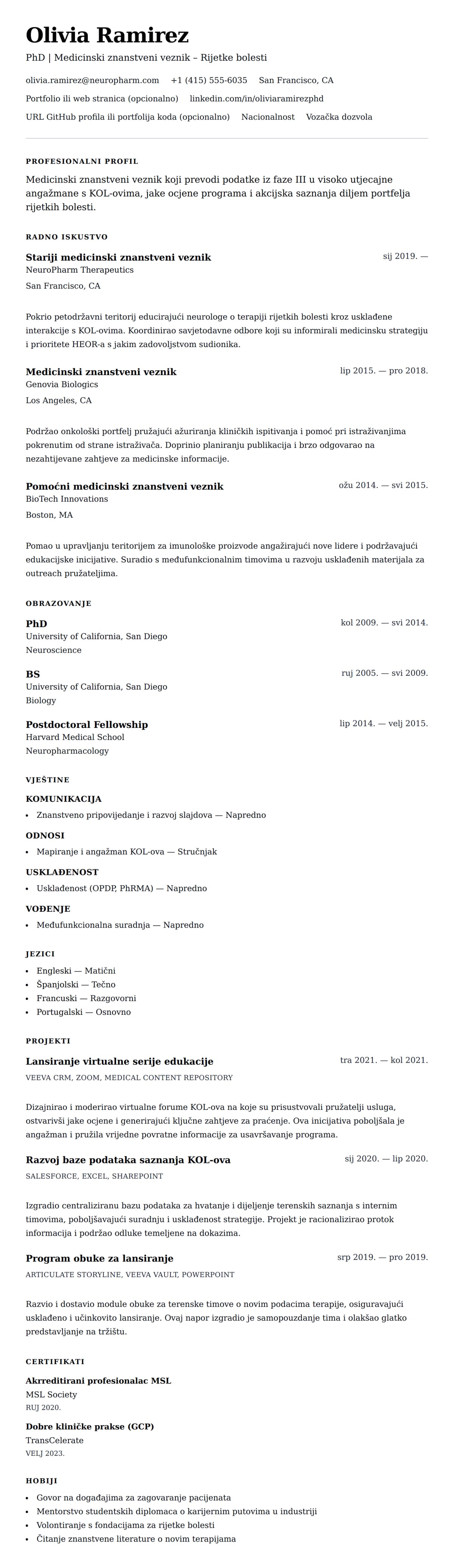 Pregled životopisa za Primjer životopisa za medicinskog znanstvenog vezničkog stručnjaka