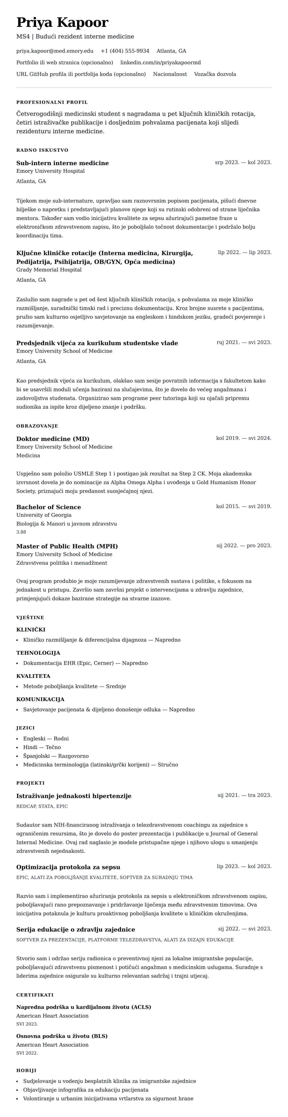 Pregled životopisa za Primjer životopisa za medicinskog studenta