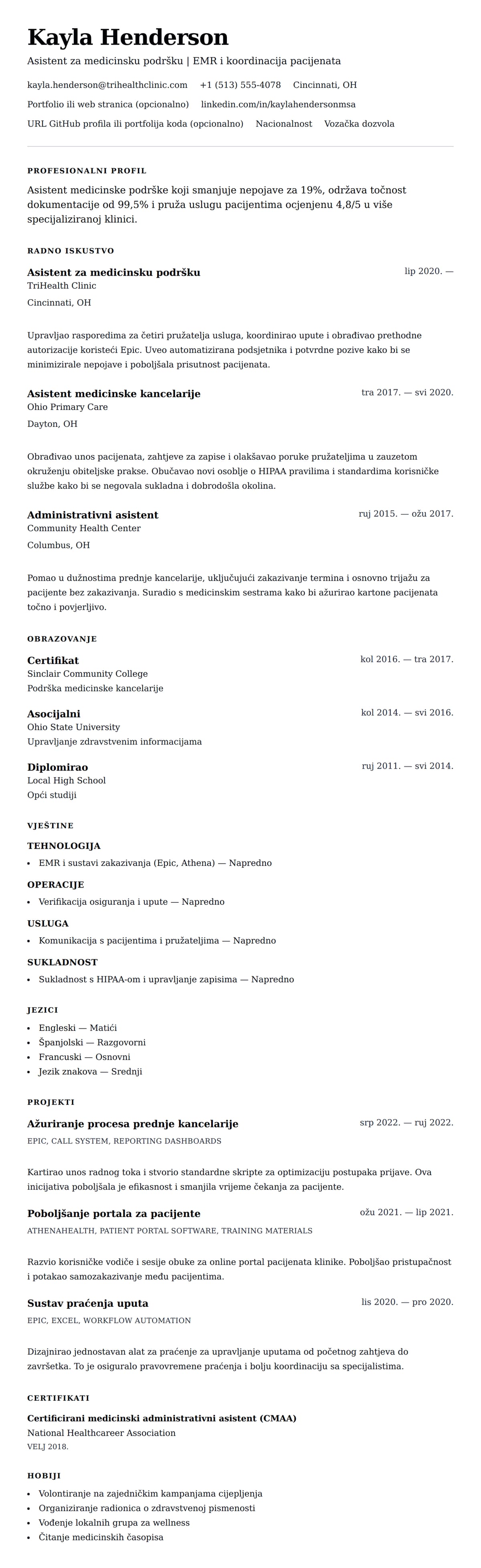 Pregled životopisa za Primjer CV-a za asistenta medicinske podrške