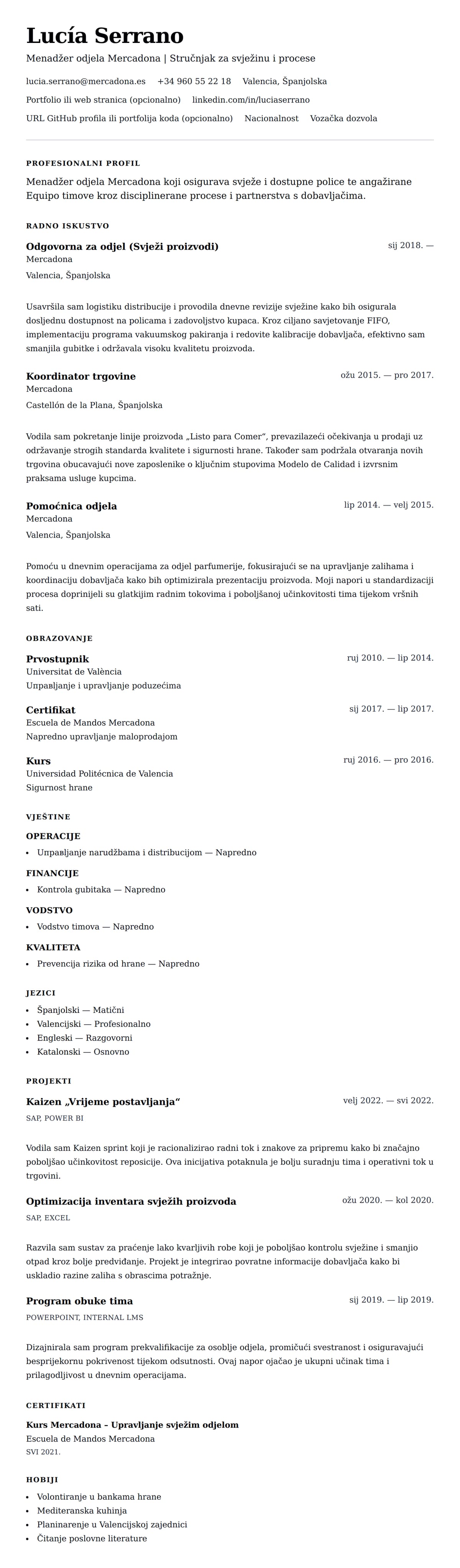 Pregled životopisa za Primjer životopisa za menadžera odjela u Mercadoni