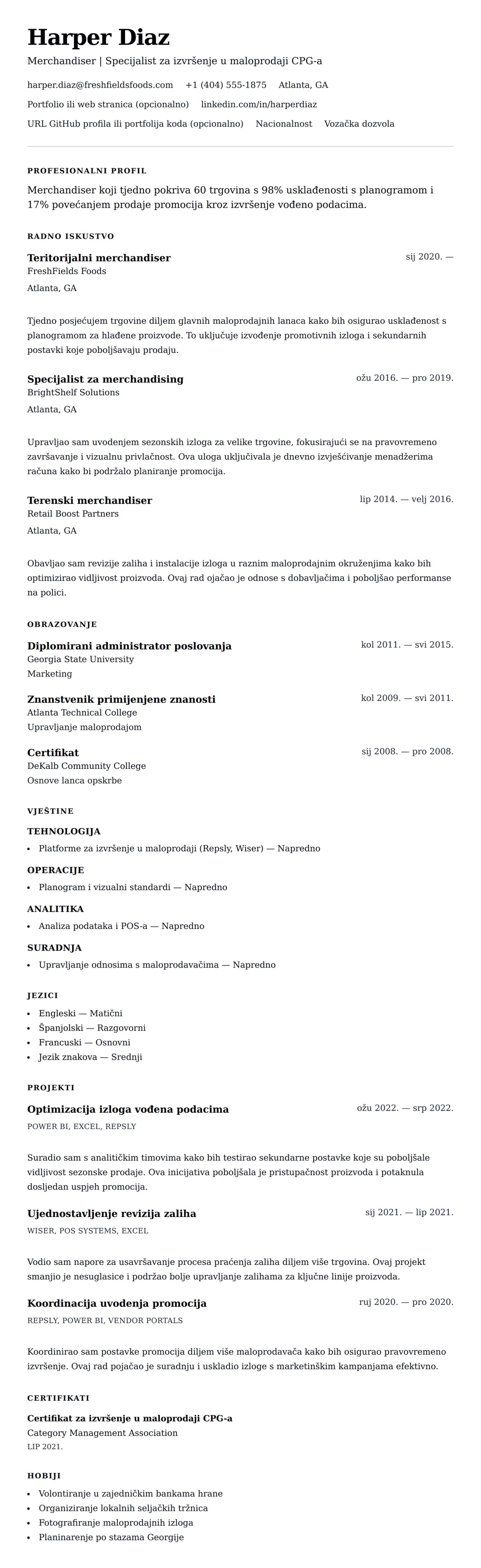 Pregled životopisa za Primjer životopisa za merchandisera