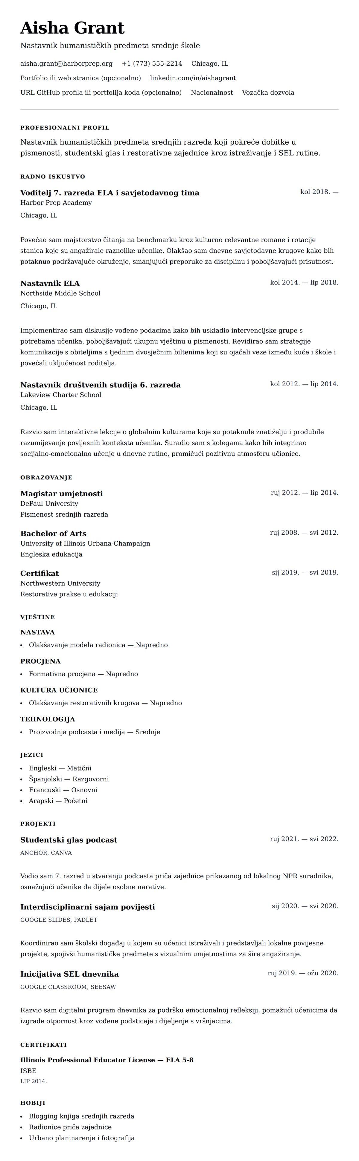 Pregled životopisa za Primjer životopisa nastavnika srednje škole