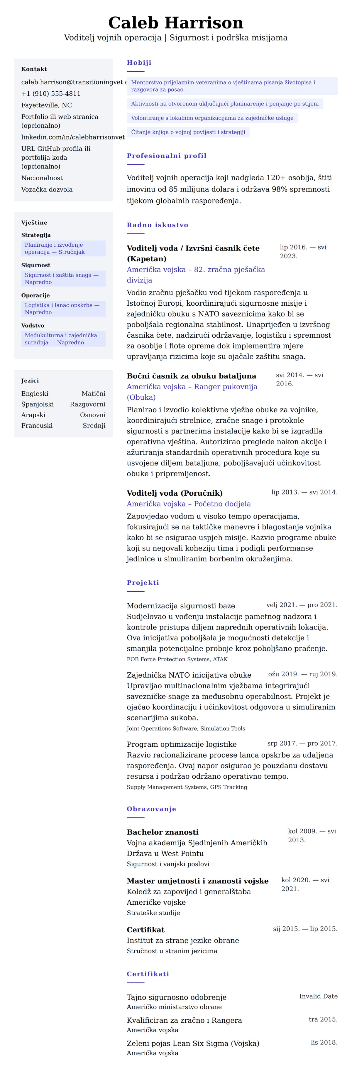 Pregled životopisa za Primjer životopisa člana vojne službe