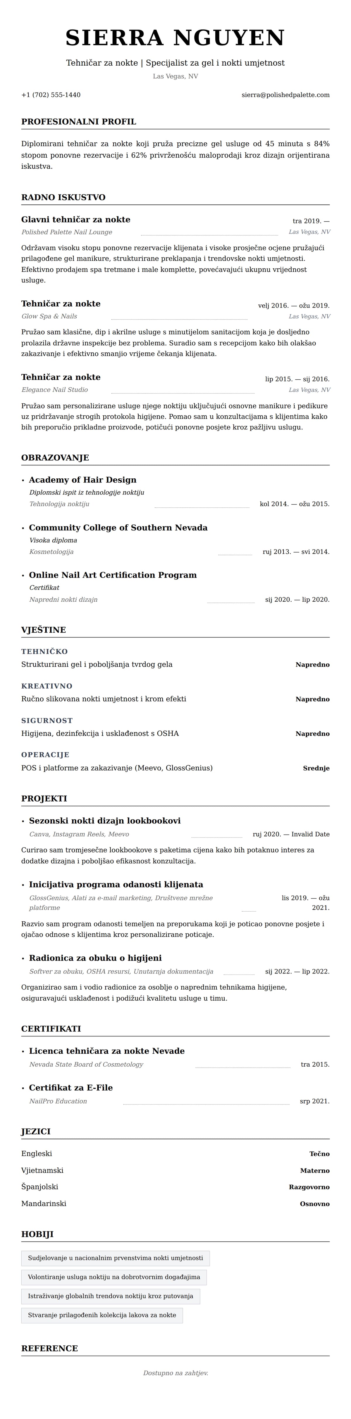 Pregled životopisa za Primjer životopisa tehničara za nokte