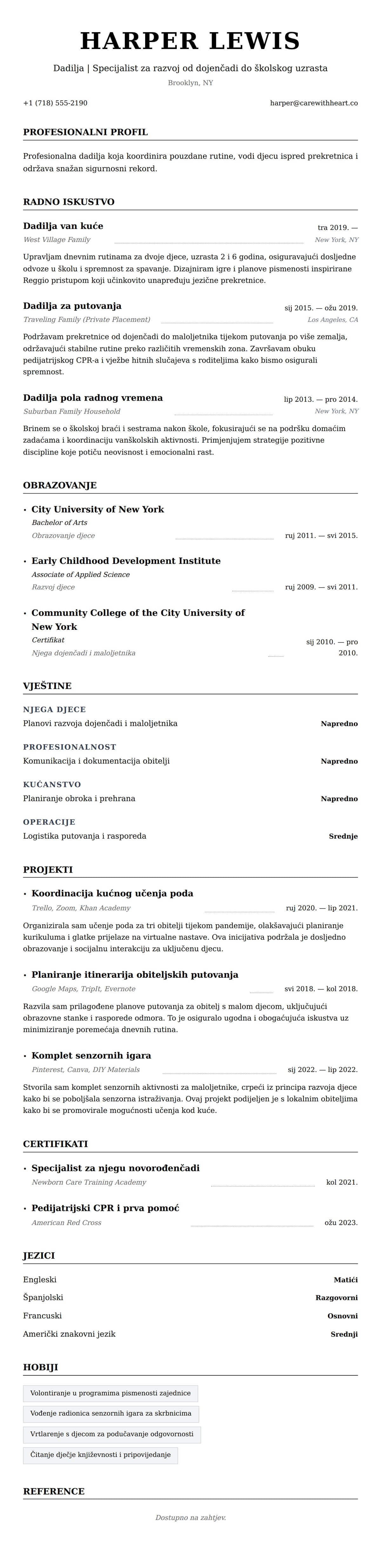 Pregled životopisa za Primjer životopisa dadilje