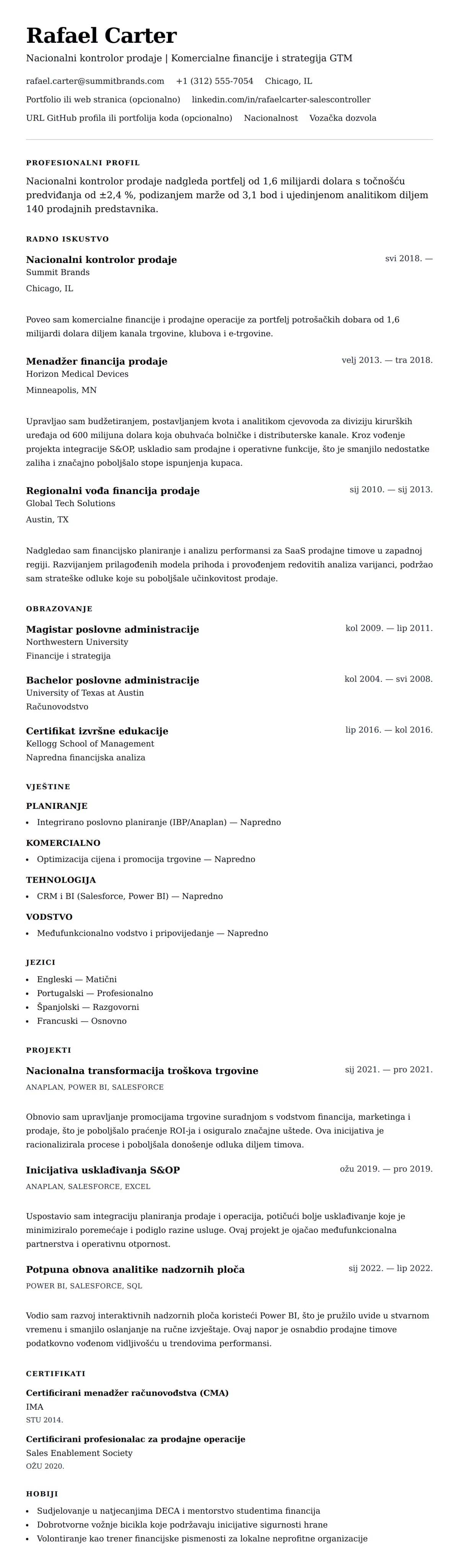 Pregled životopisa za Primjer životopisa za Nacionalnog kontrolora prodaje