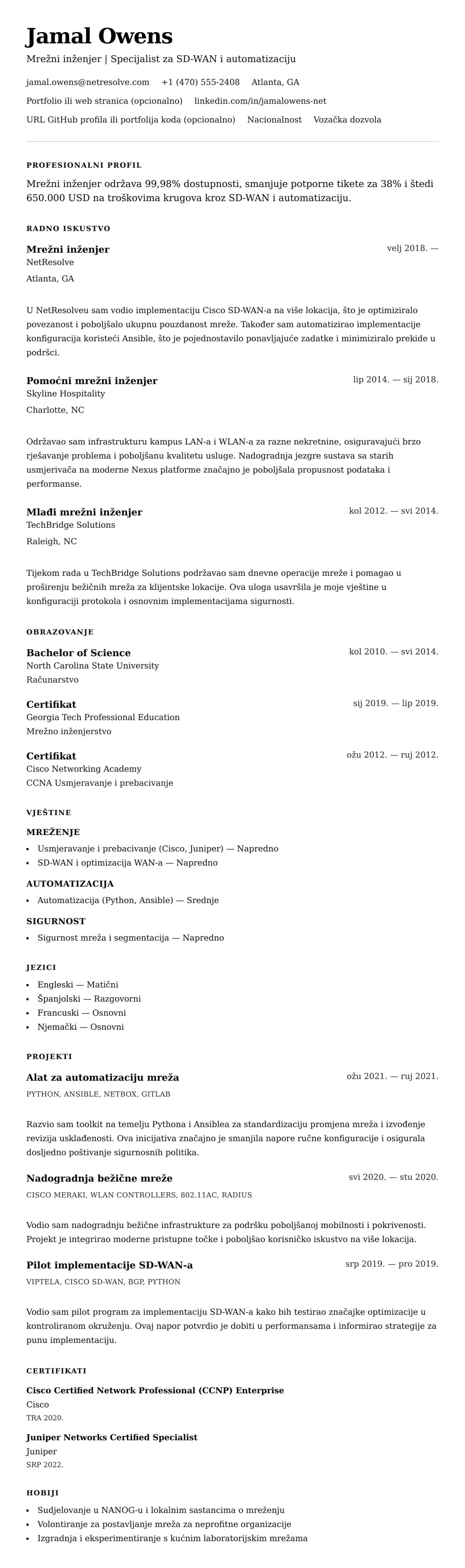 Pregled životopisa za Primjer životopisa mrežnog inženjera