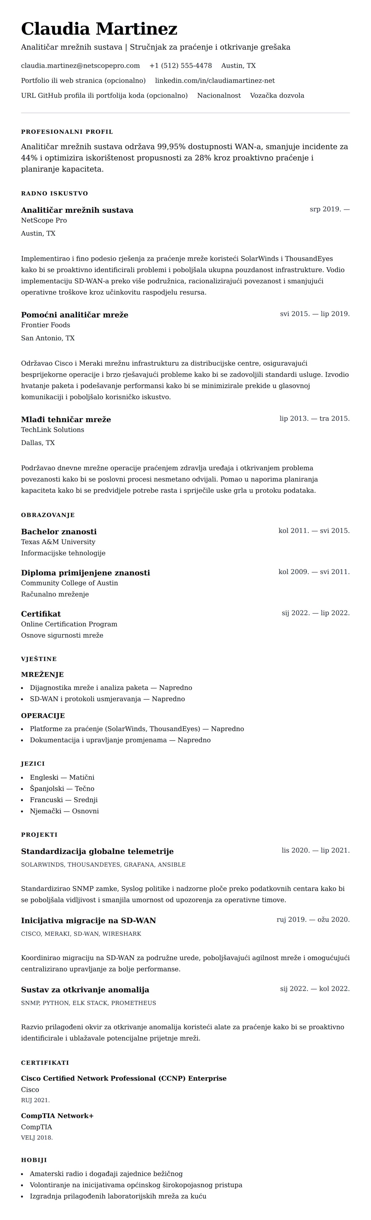 Pregled životopisa za Primjer rezimea analitičara mrežnih sustava