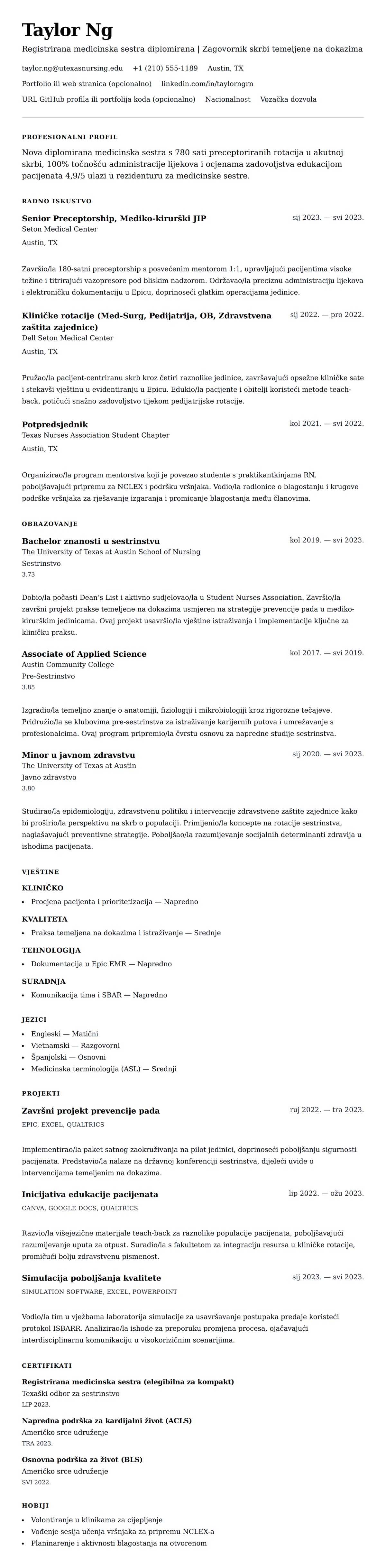 Pregled životopisa za Primjer životopisa nove diplomirane medicinske sestre