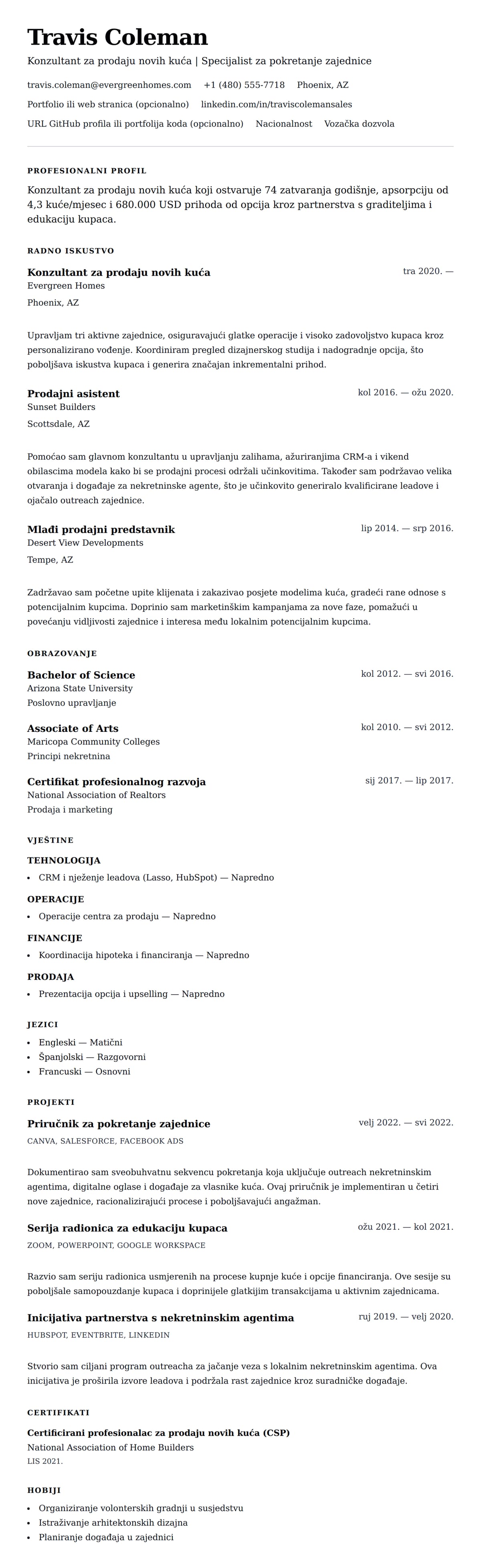 Pregled životopisa za Primjer rezimea za konzultanta za prodaju novih kuća