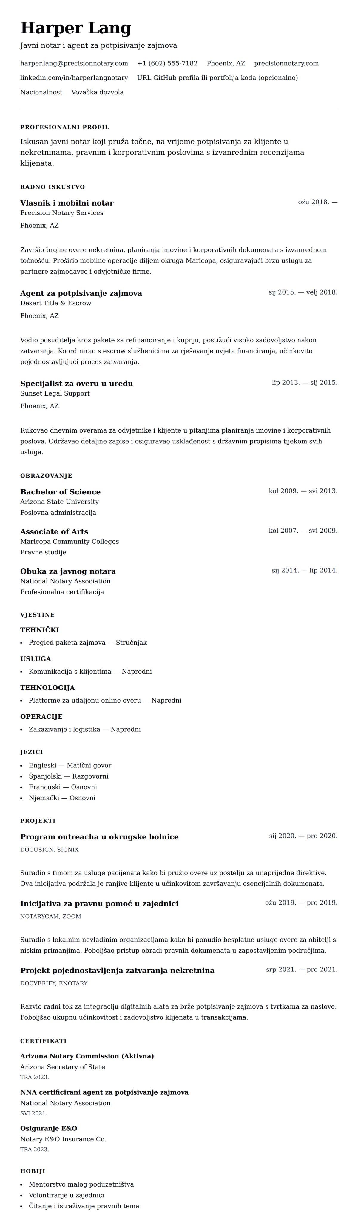 Pregled životopisa za Primjer životopisa javnog notara